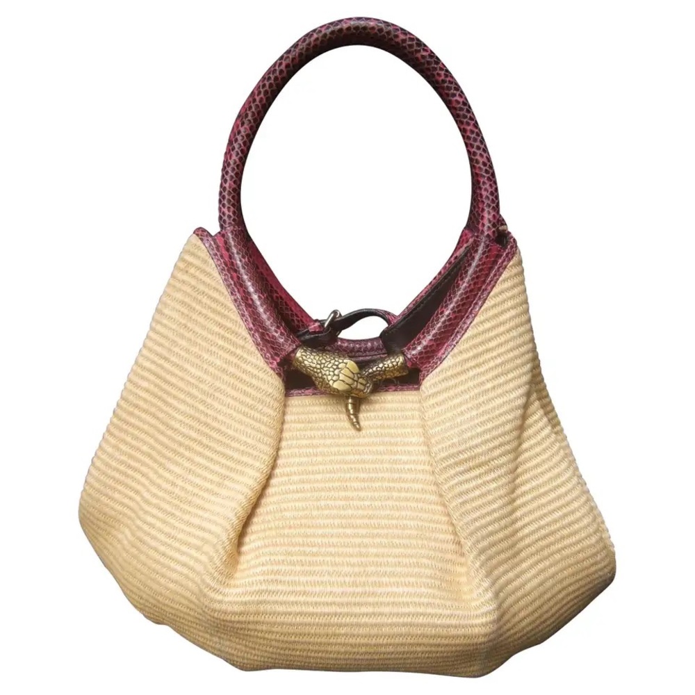 Jimmy Choo Italian Straw Raffia Brass Metal Serpent Medallion Handbag